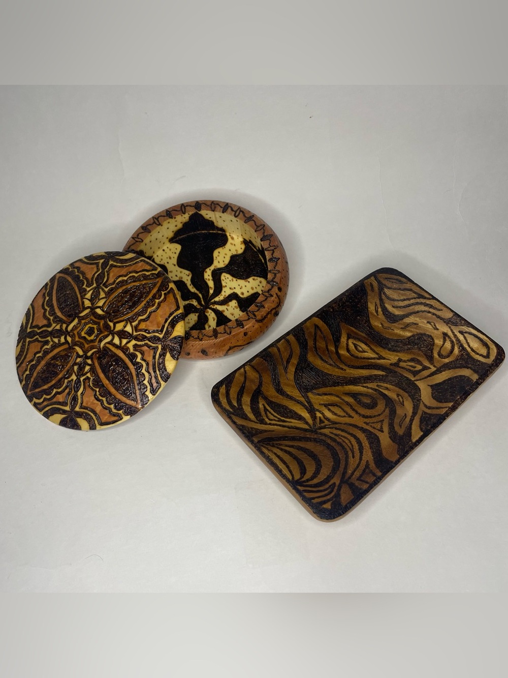 Hand-Burn Wooden Pyrography Abstract Swirl Tray + Round Trinket Box Rustic Tahoe